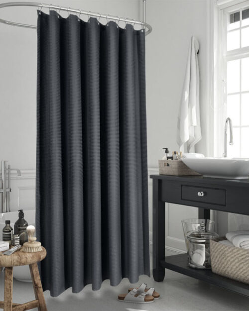 Flame retardant waterproof black shower curtain with checkered pattern