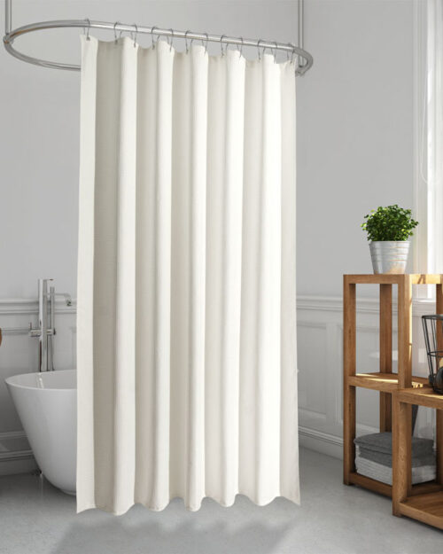 Flame retardant waterproof white shower curtain with checkered pattern