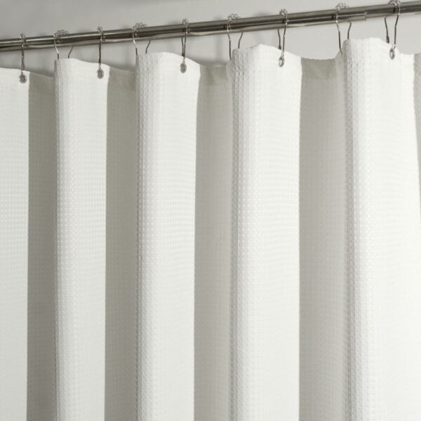 Flame retardant waterproof white shower curtain with checkered pattern